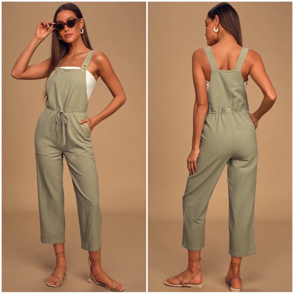 RHYTHM Women’s Size S Sage Green Linen Blend Verona Drawstring Wide-Leg Jumpsuit